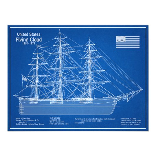 Clipper Ship Flying Cloud - Blauwdruk ABD Foto Afdruk (Voorkant)