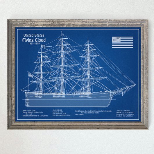 Clipper Ship Flying Cloud - Blauwdruk ABD Poster