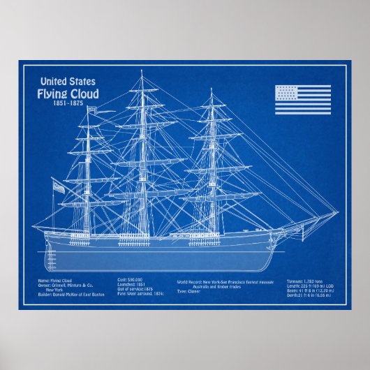 Clipper Ship Flying Cloud - Blauwdruk ABD Poster (Voorkant)