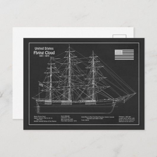 Clipper Ship Flying Cloud - Blauwdruk PDF Briefkaart (Voorkant / Achterkant)