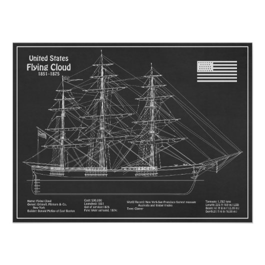 Clipper Ship Flying Cloud - Blauwdruk PDF Foto Afdruk (Voorkant)