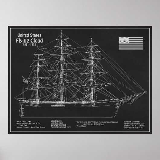 Clipper Ship Flying Cloud - Blauwdruk PDF Poster (Voorkant)