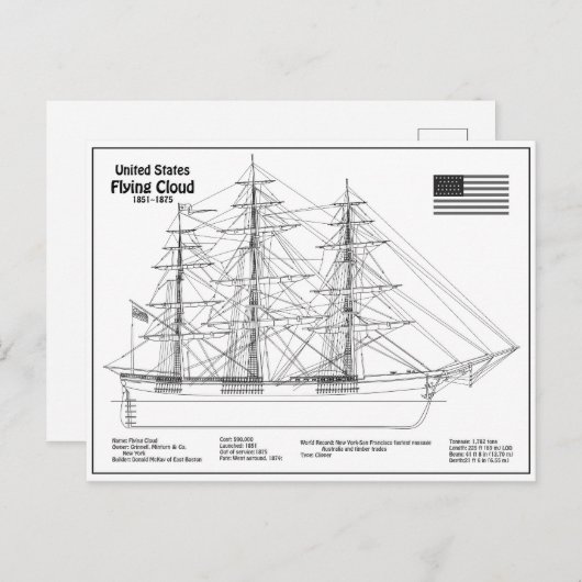 Clipper Ship Flying Cloud - Blauwdruk voor schepen Briefkaart (Voorkant / Achterkant)