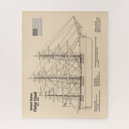 Clipper Ship Flying Cloud - Scheepsblauwdruk SD Legpuzzel (Verticaal)