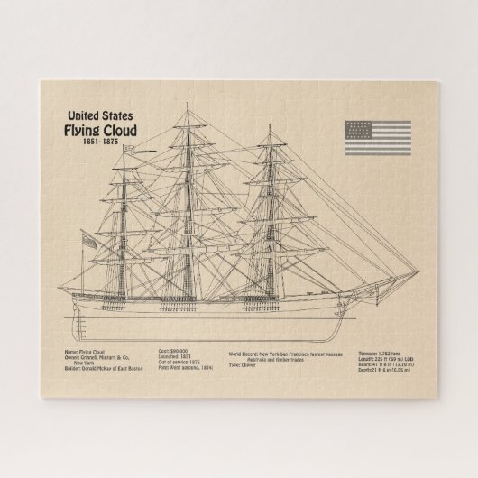 Clipper Ship Flying Cloud - Scheepsblauwdruk SD Legpuzzel (Horizontaal)