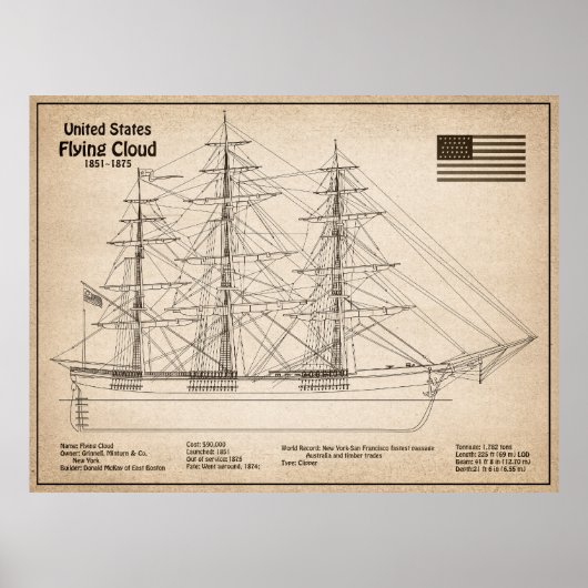 Clipper Ship Flying Cloud - Scheepsblauwdruk SD Poster (Voorkant)