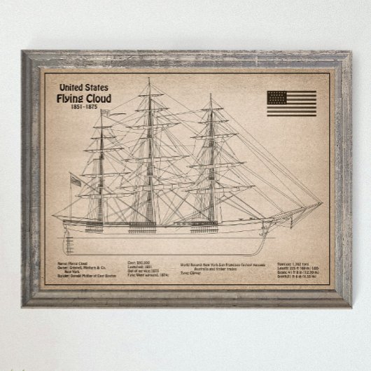 Clipper Ship Flying Cloud - Scheepsblauwdruk SD Poster