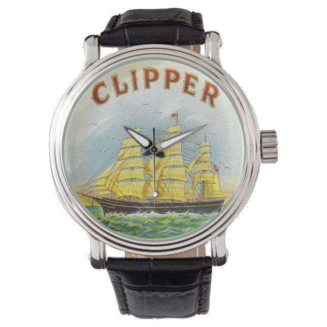 Clipper Zeilschip  sigarendoos Label Horloge (Voorkant)