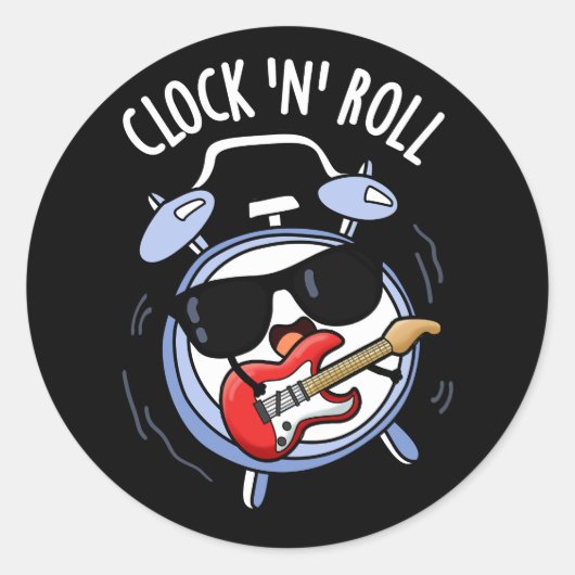 Clock and Roll Funny Rock Pun Dark BG Ronde Sticker (Voorkant)