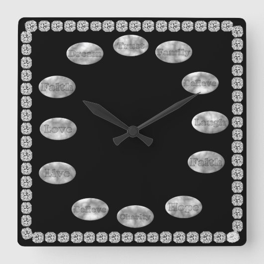Clock met Inspirerend woorden: zwart & bling Vierkante Klok (Voorkant)