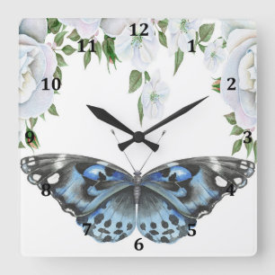 Clock with Blue Butterfly & Roses Vierkante Klok