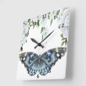 Clock with Blue Butterfly & Roses Vierkante Klok (Hoek)