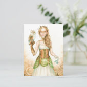 Clockwork, bijtend steampunk girl en uil briefkaart (Staand voorkant)
