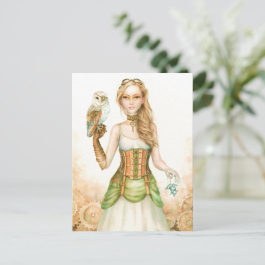 Clockwork, bijtend steampunk girl en uil briefkaart (Staand voorkant)