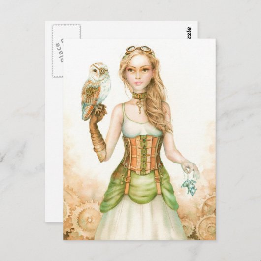 Clockwork, bijtend steampunk girl en uil briefkaart (Voorkant / Achterkant)