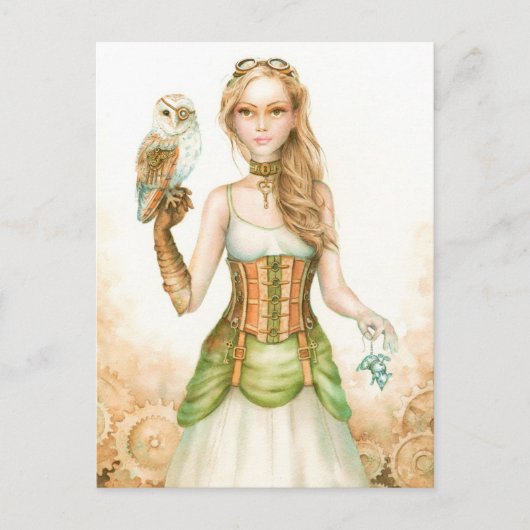 Clockwork, bijtend steampunk girl en uil briefkaart (Voorkant)