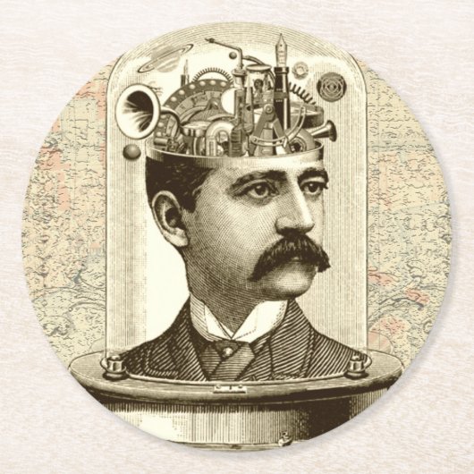 Clockwork Brain STEAMPUNK  Ronde Kartonnen Onderzetter (Voorkant)