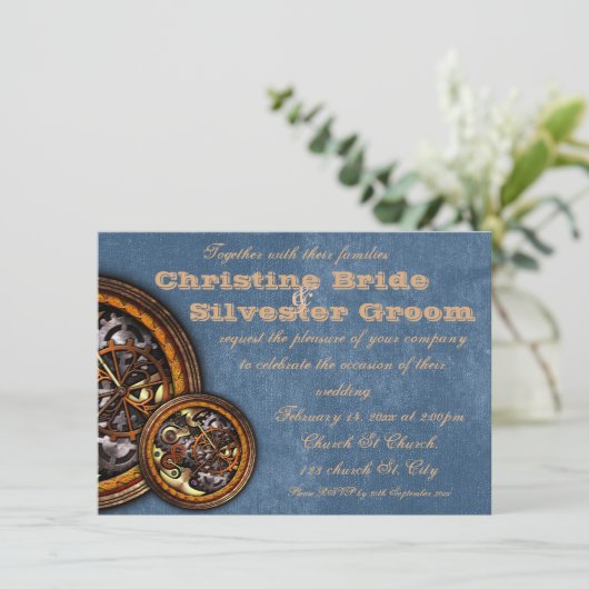 Clockwork en leder, bruiloft van 4,5 x 6,25 kaart (Staand voorkant)