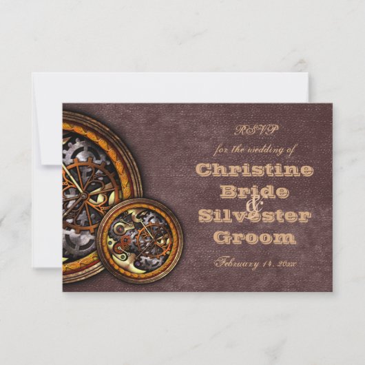 Clockwork en leer, bruiloft rvp kaart (Voorkant)