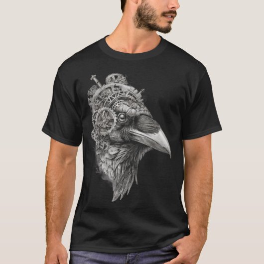 Clockwork Raven Portrait — Pen-and-Ink Steampunk T-shirt (Voorkant)