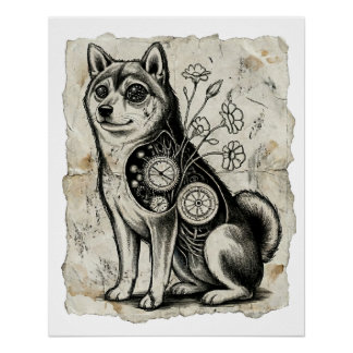 Clockwork Shiba – Gothic Overthinking Dog Art Perfect Poster