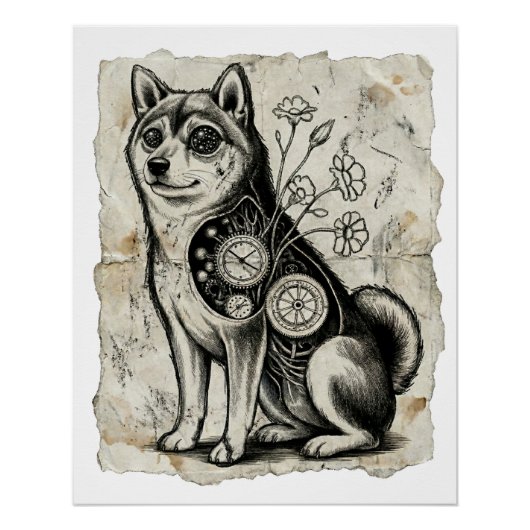 Clockwork Shiba – Gothic Overthinking Dog Art Perfect Poster (Voorkant)