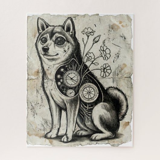 Clockwork Shiba – Gothic Overthinking Dog Puzzle Legpuzzel (Verticaal)