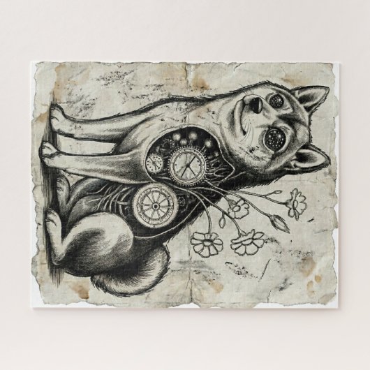 Clockwork Shiba – Gothic Overthinking Dog Puzzle Legpuzzel (Horizontaal)