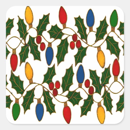 Cloisonne Art Christmas Lights and Holly Vierkante Sticker (Voorkant)