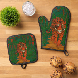 Cloisonne Art Tiger on the Jungle Path Ovenwant & Pannenlap Set