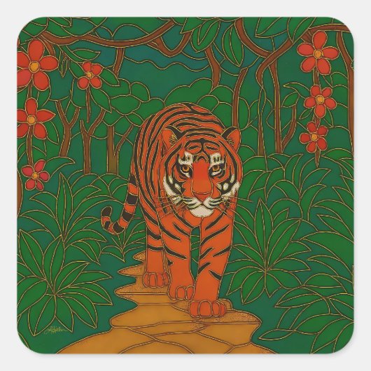 Cloisonne Art Tiger on the Jungle Path Vierkante Sticker (Voorkant)