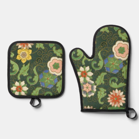 Cloisonne China Patter Asian Oriental Ovenwant & Pannenlap Set (Voorkant)