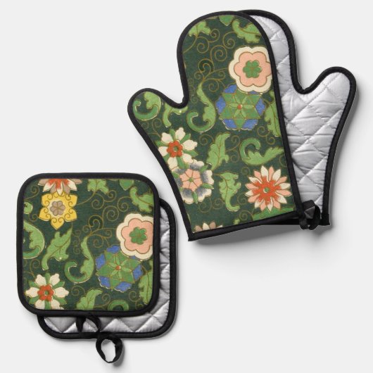 Cloisonne China Patter Asian Oriental Ovenwant & Pannenlap Set (Voorkant / Achterkant)