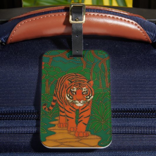 Cloisonne Kunst Tijger op het Jungle Pad Bagagelabel (Voorkant Insitu 2)