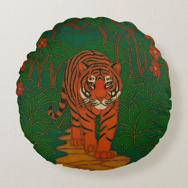 Cloisonne Kunst Tijger op het Jungle Pad Rond Kussen (Voorkant)
