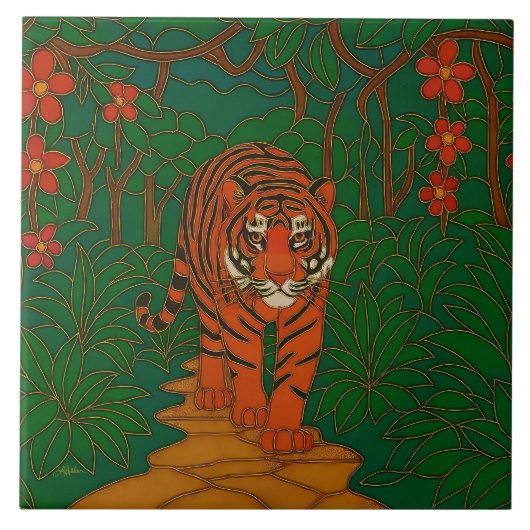 Cloisonne Kunst Tijger op het Jungle Pad Tegeltje (Voorkant)