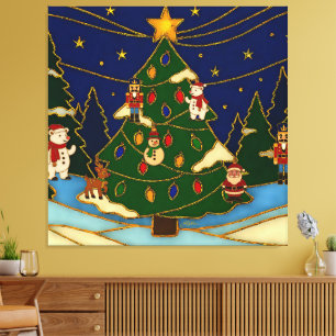 Cloisonne Kunst Whimsical Bos Klassiek Kerstmis Canvas Afdruk