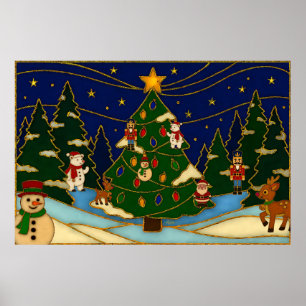 Cloisonne Kunst Whimsical Bos Klassiek Kerstmis Poster