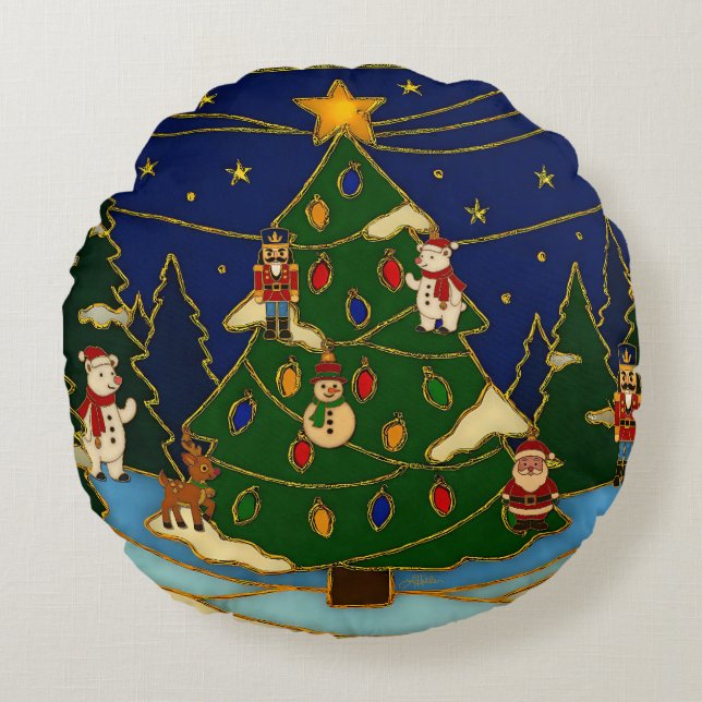 Cloisonne Kunst Whimsical Bos Klassiek Kerstmis  Rond Kussen (Voorkant)