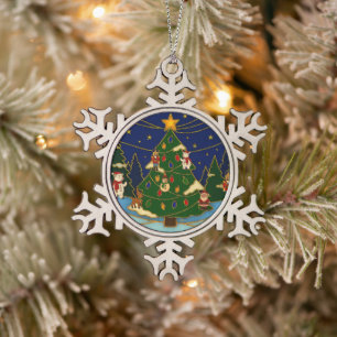 Cloisonne Kunst Whimsical Bos Klassiek Kerstmis Tin Sneeuwvlok Ornament