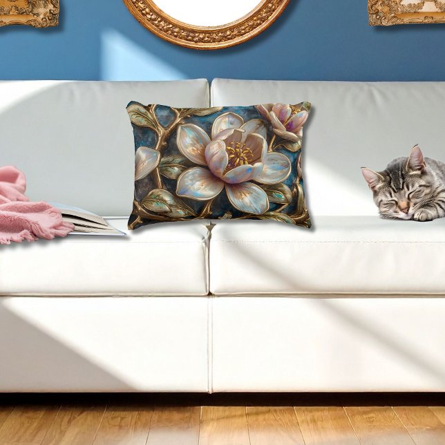 Cloisonné Magnolia Floral Blue Gold Quatrefoil  Accent Kussen (Creator heeft geüpload)