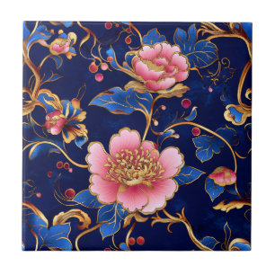 Cloisonne roze blauw bloemmotief tegel tegeltje