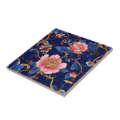 Cloisonne roze blauw bloemmotief tegel tegeltje (Zijkant)