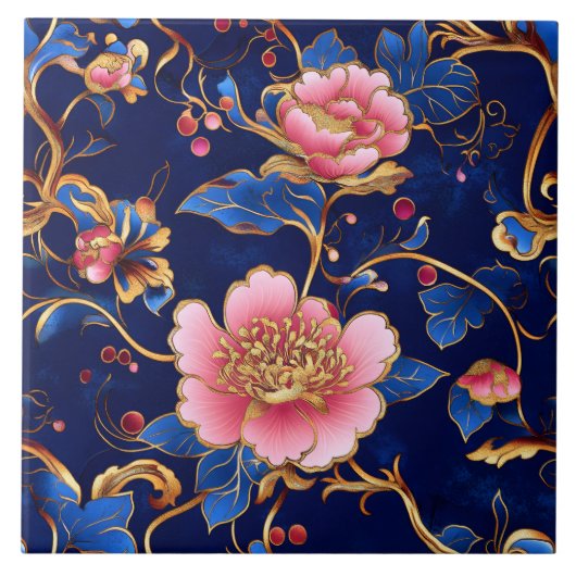 Cloisonne roze blauw bloemmotief tegel tegeltje (Voorkant)