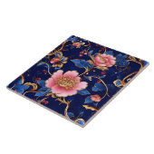 Cloisonne roze blauw bloemmotief tegel tegeltje (Zijkant)