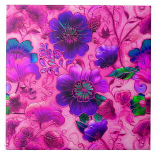 Cloisonne roze paarse bloemmotief tegel tegeltje