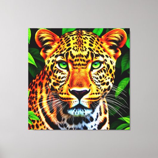 Close-Up Jaguar Leopard Face with Green Eyes Canvas Afdruk (Voorkant)