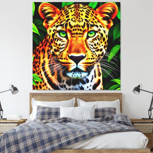 Close-Up Jaguar Leopard Face with Green Eyes Canvas Afdruk (Insitu (Slaapkamer))