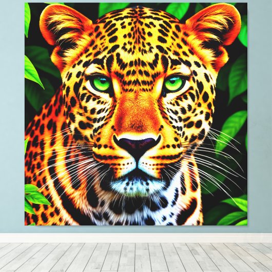 Close-Up Jaguar Leopard Face with Green Eyes Canvas Afdruk (Insitu (Houten vloer))