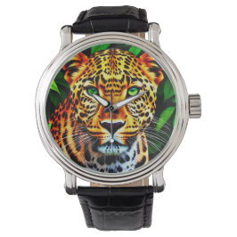 Close-up Jaguar Luipaard Gezicht met Groene Ogen Horloge